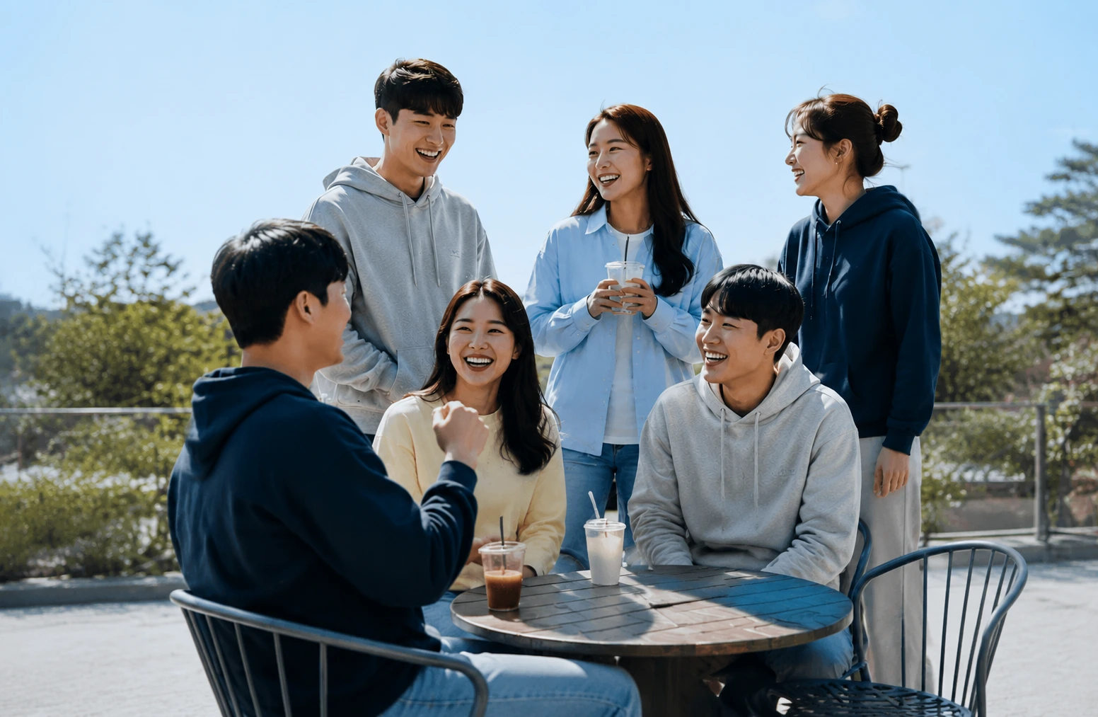 스포츠 동호회 사람들이 야외 모임 현장에서 협찬 브랜드 음료를 함께 즐기는 체험 마케팅 모습